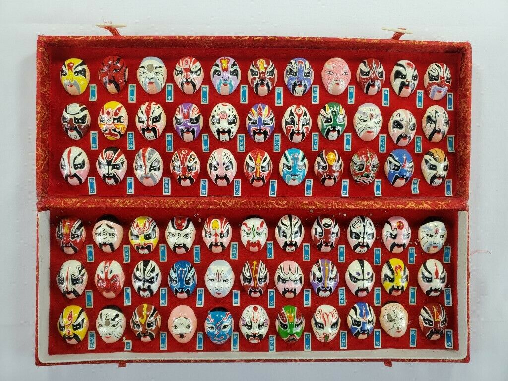 Hand-Painted-Chinese-Opera-Facial-Makeup-Set-of-66-Miniature-Masks-Box-Beijing-304097900641